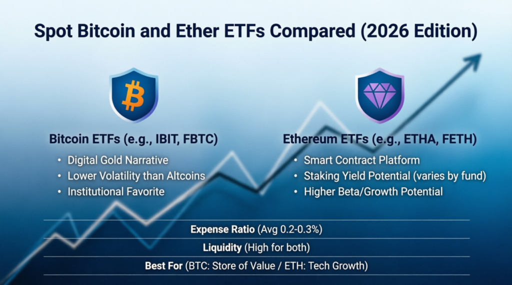 Spot Bitcoin and Ether ETFs Compared (2026 Edition)